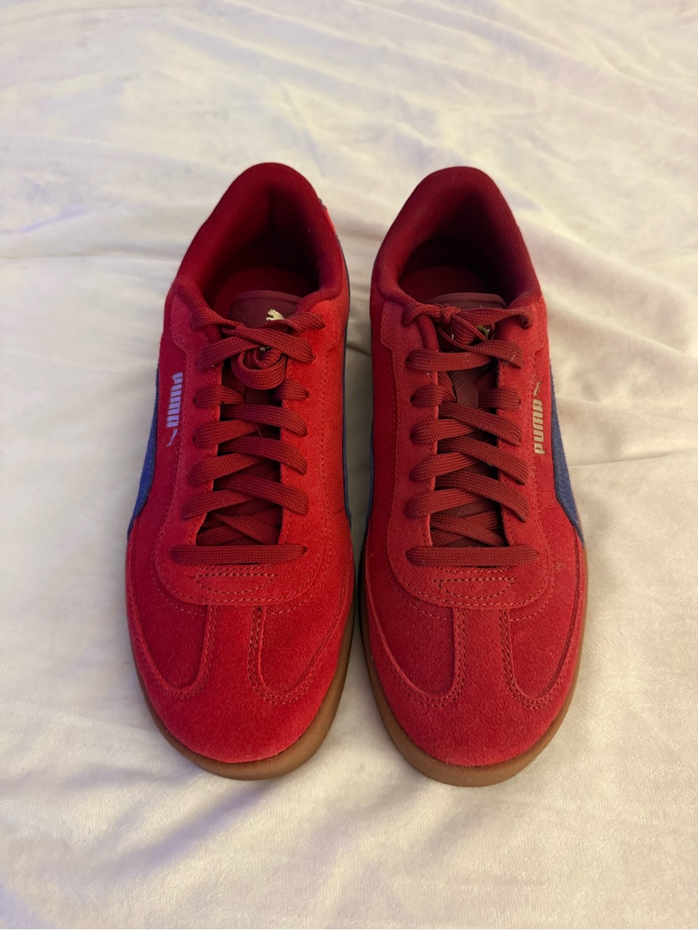 Puma Red Suede Low-Top Sneakers with Blue Stripe